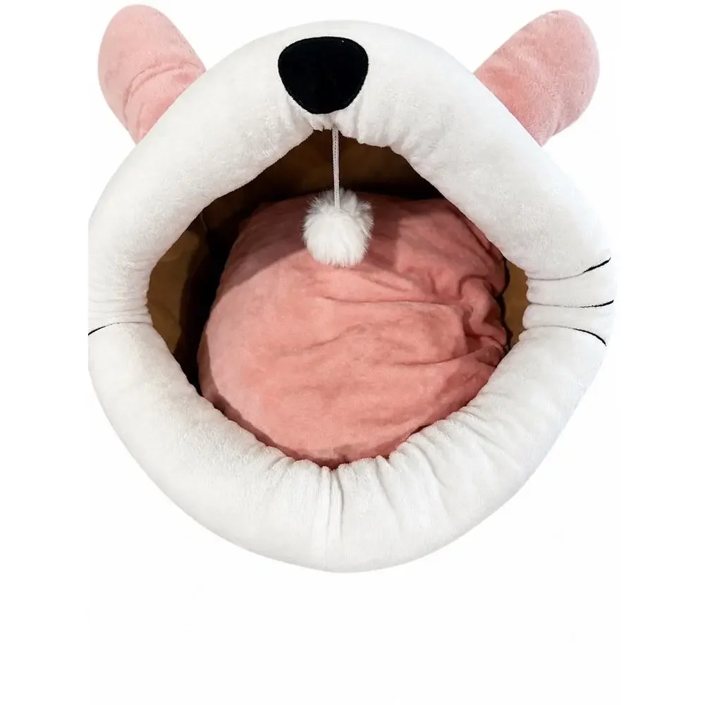 New Pink Kawaii Cat Cave Bed Bear Ears Pom Pom Plush Coquette Small Pet House